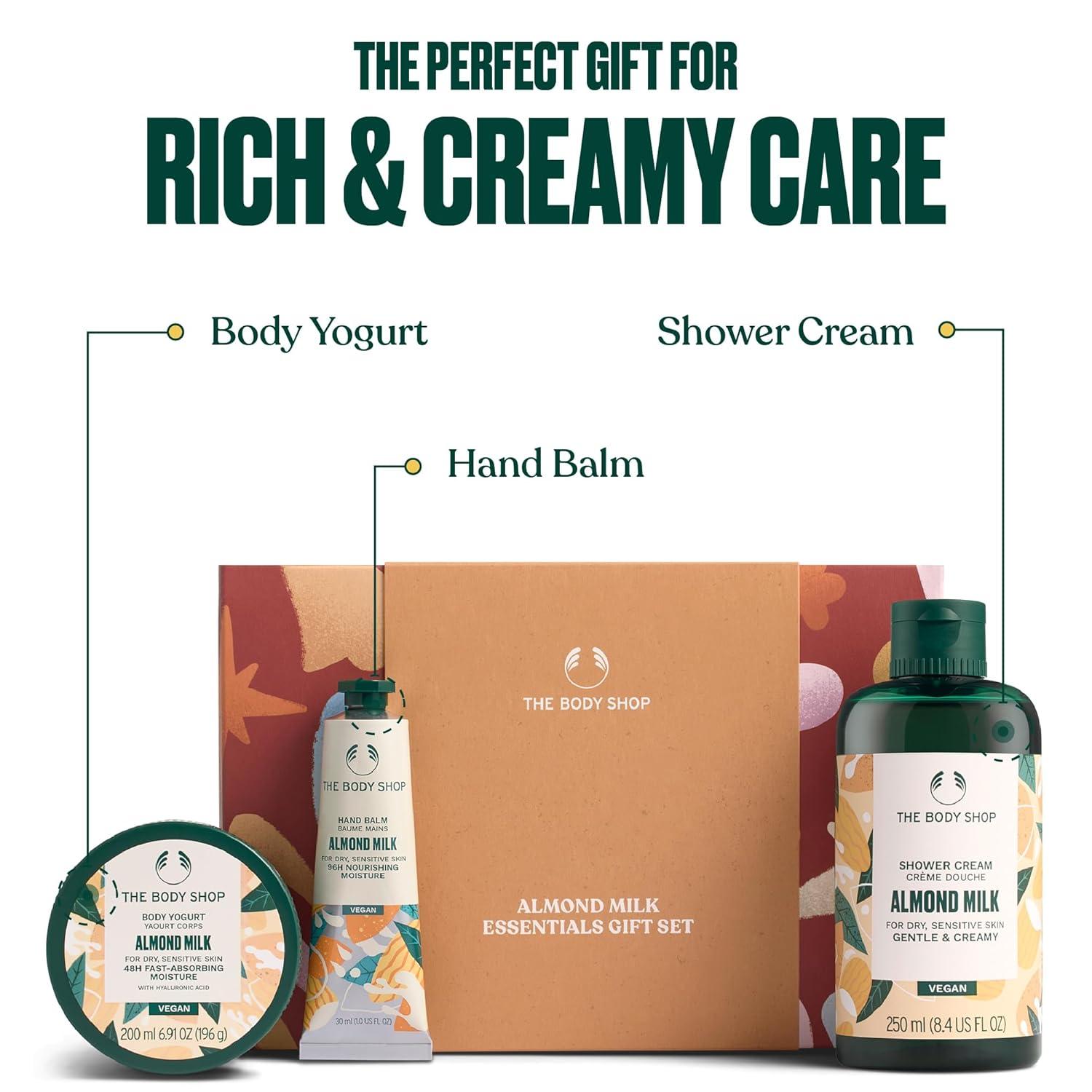imageThe Body Shop Almond Milk Essentials 3 Piece Set Shower Cream Hand Balm Body Yogurt for Dry Sensitive Skin Vegan