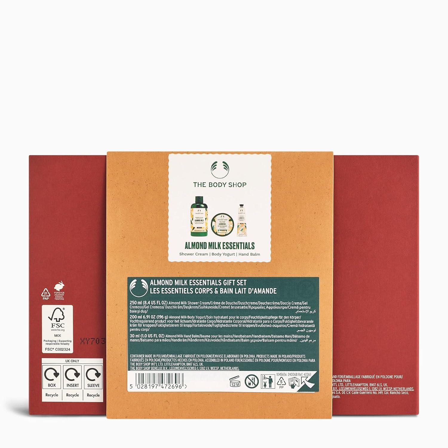 imageThe Body Shop Almond Milk Essentials 3 Piece Set Shower Cream Hand Balm Body Yogurt for Dry Sensitive Skin Vegan
