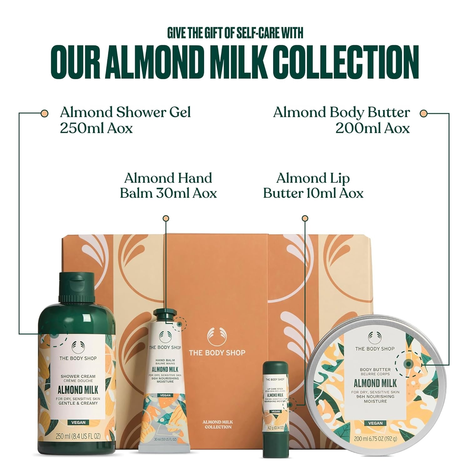 imageThe Body Shop Almond Milk Collection 4 Piece Set Shower Cream Hand Balm Lip Balm Body Butter for Dry Sensitive Skin Vegan