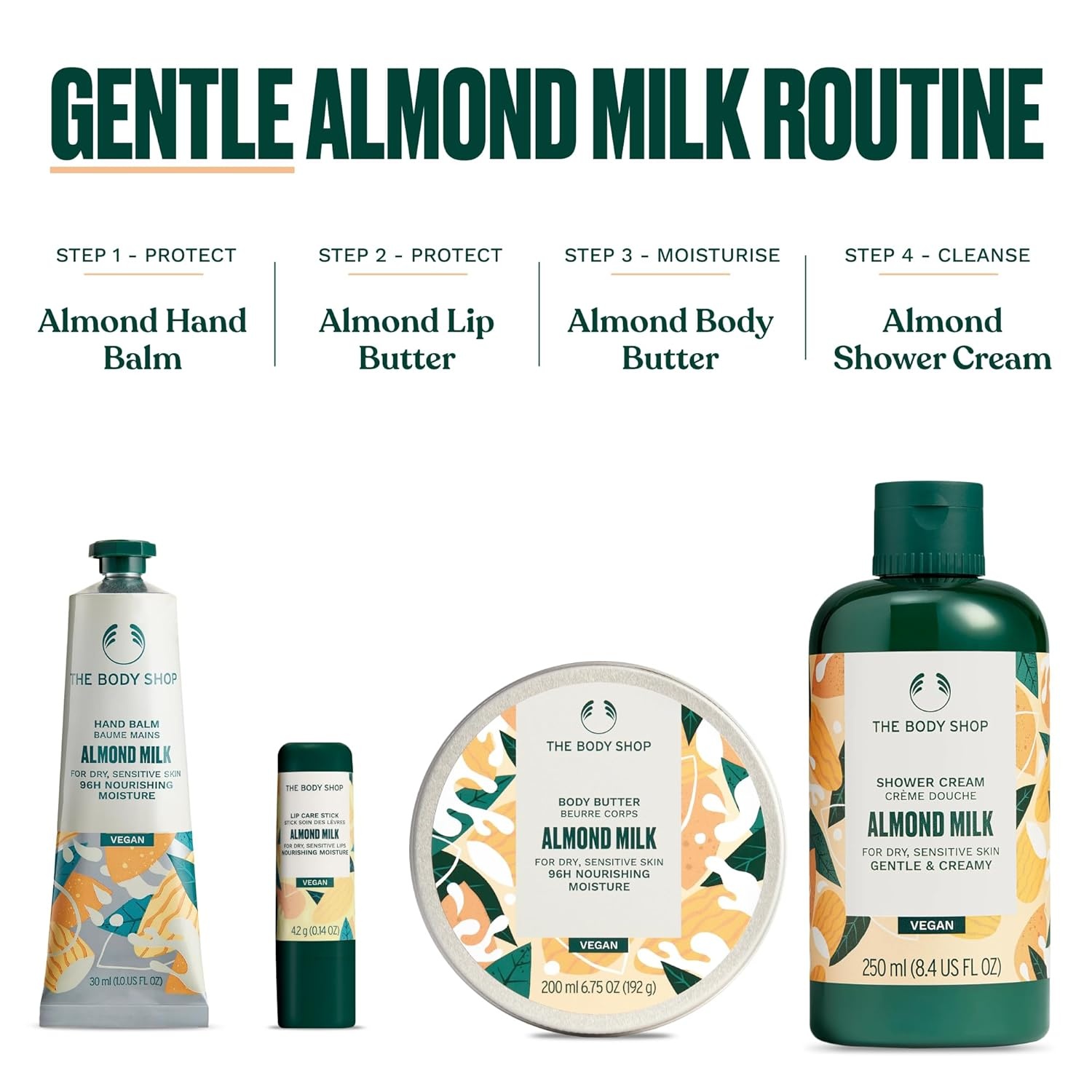 imageThe Body Shop Almond Milk Collection 4 Piece Set Shower Cream Hand Balm Lip Balm Body Butter for Dry Sensitive Skin Vegan
