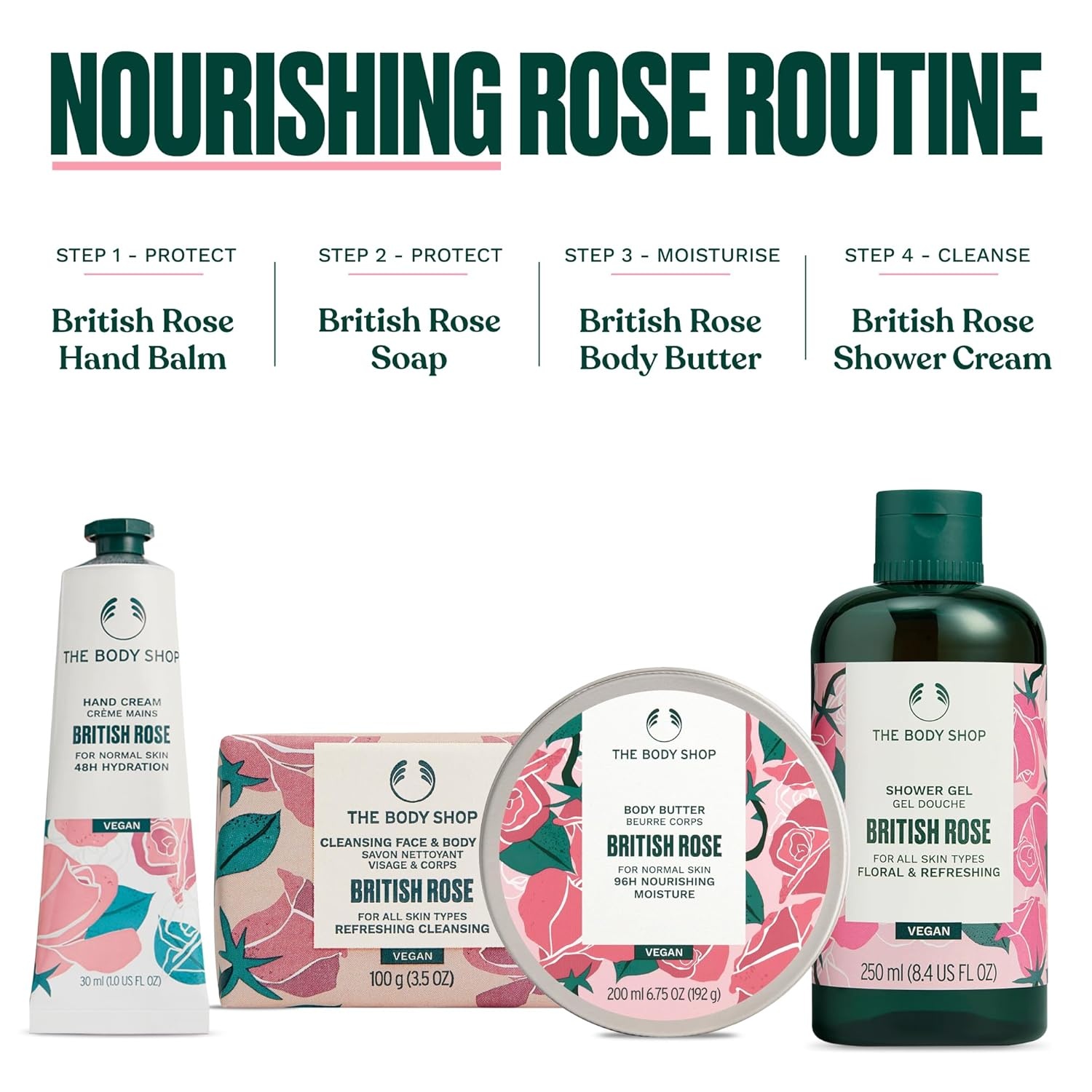 imageThe Body Shop British Rose Collection 4 Piece Set Shower Gel Hand Cream Body Butter Face amp Body Bar Floral Scent for All Skin Types Vegan