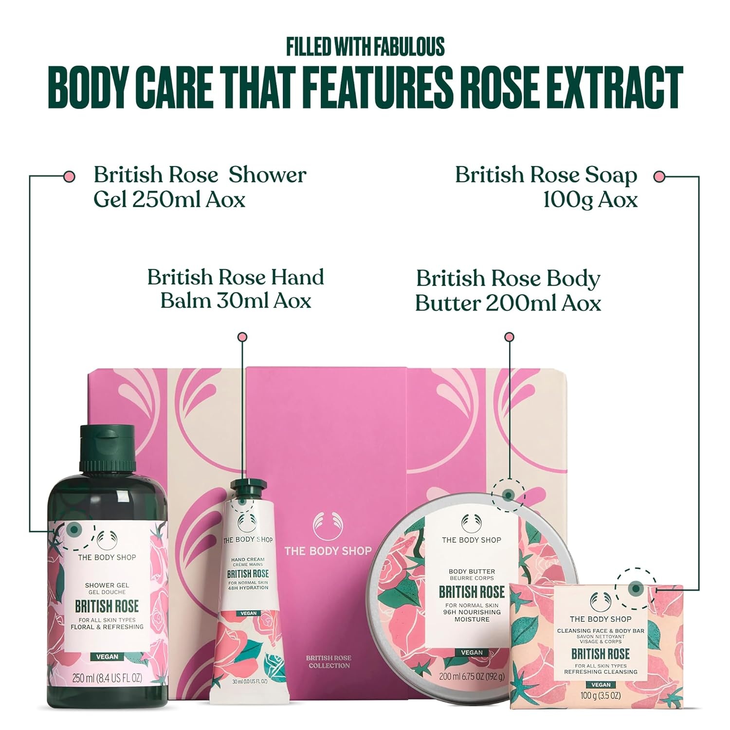 imageThe Body Shop British Rose Collection 4 Piece Set Shower Gel Hand Cream Body Butter Face amp Body Bar Floral Scent for All Skin Types Vegan