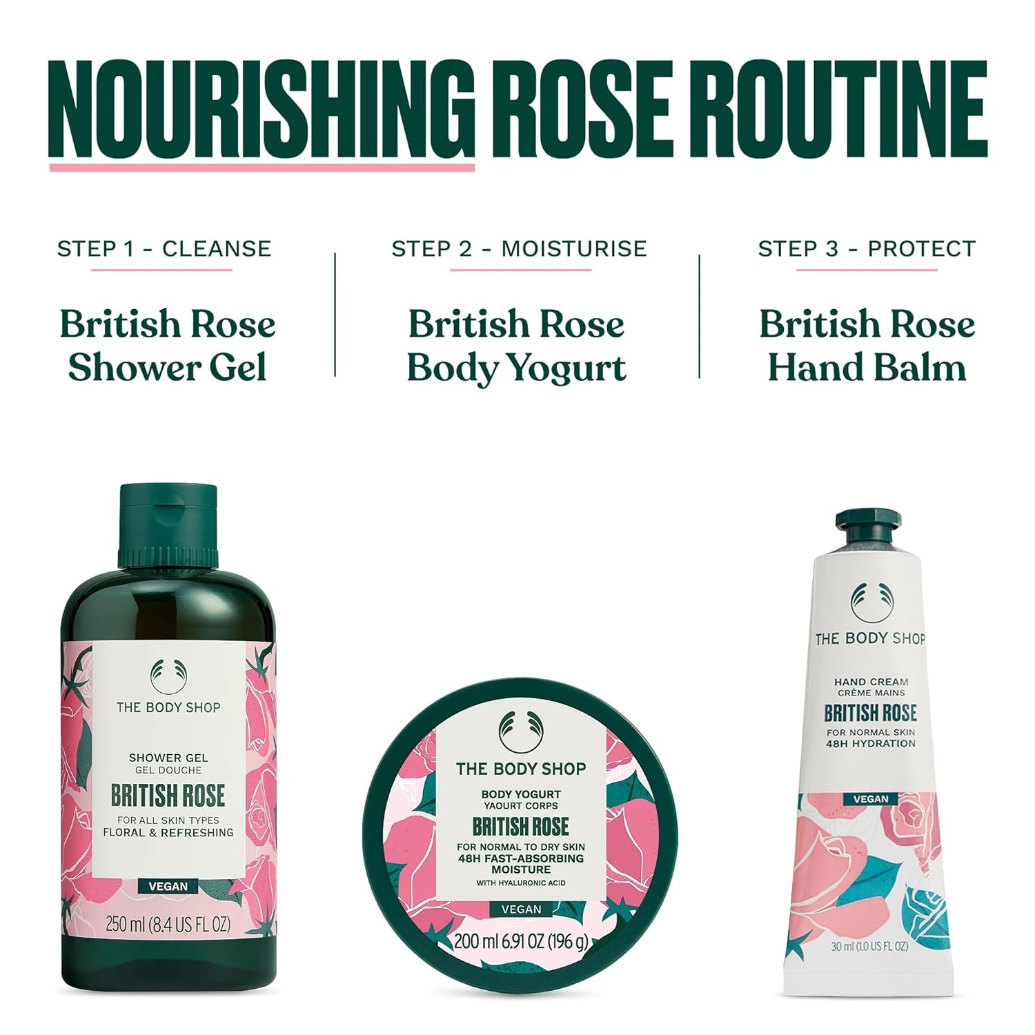 imageThe Body Shop British Rose Essentials 3 Piece Set Shower Gel Hand Cream Body Yogurt Floral Scent Nourishing for All Skin Types Vegan