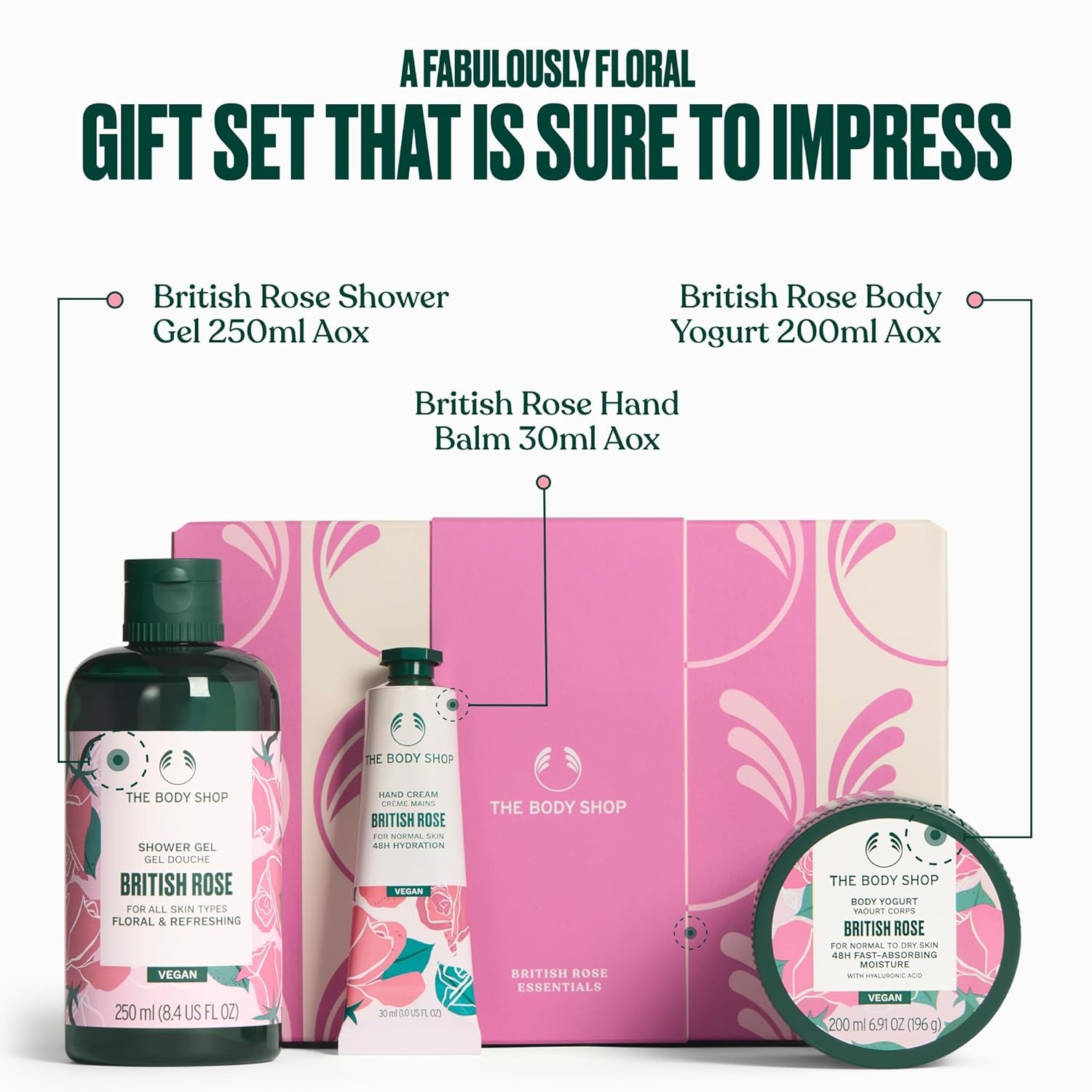 imageThe Body Shop British Rose Essentials 3 Piece Set Shower Gel Hand Cream Body Yogurt Floral Scent Nourishing for All Skin Types Vegan