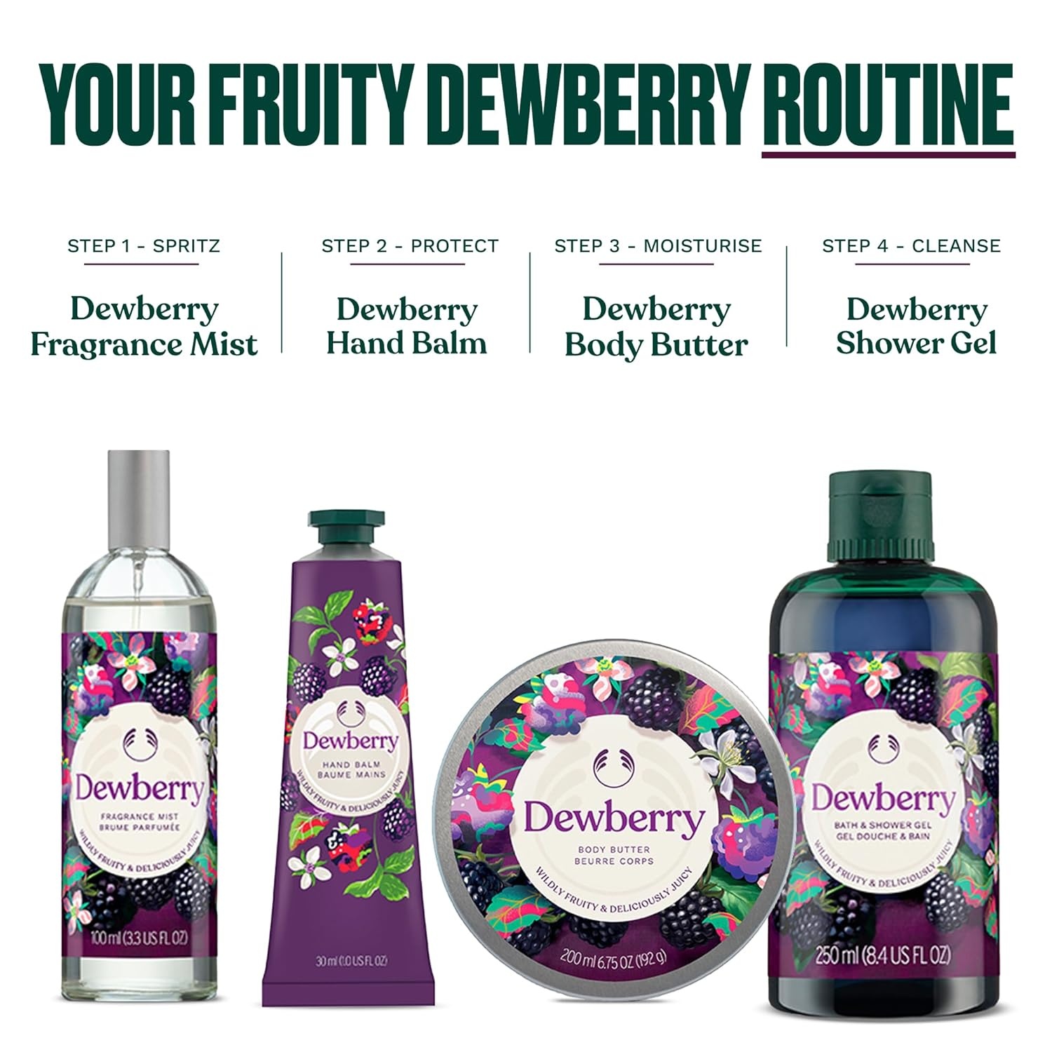 imageThe Body Shop Dewberry Collection 4 Piece Set Body Mist Shower Gel Hand Balm Body Butter Fruity amp Floral Scent