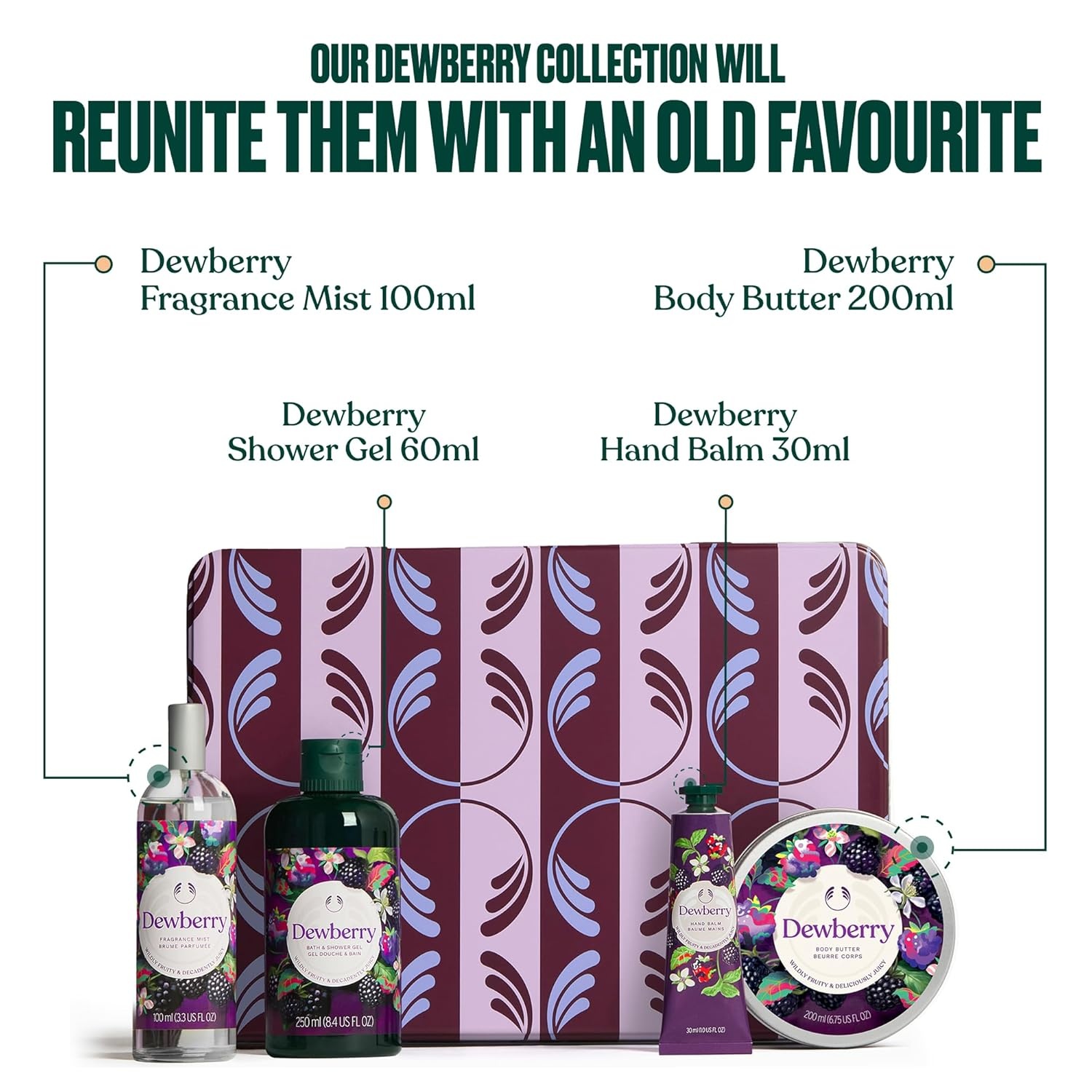 imageThe Body Shop Dewberry Collection 4 Piece Set Body Mist Shower Gel Hand Balm Body Butter Fruity amp Floral Scent