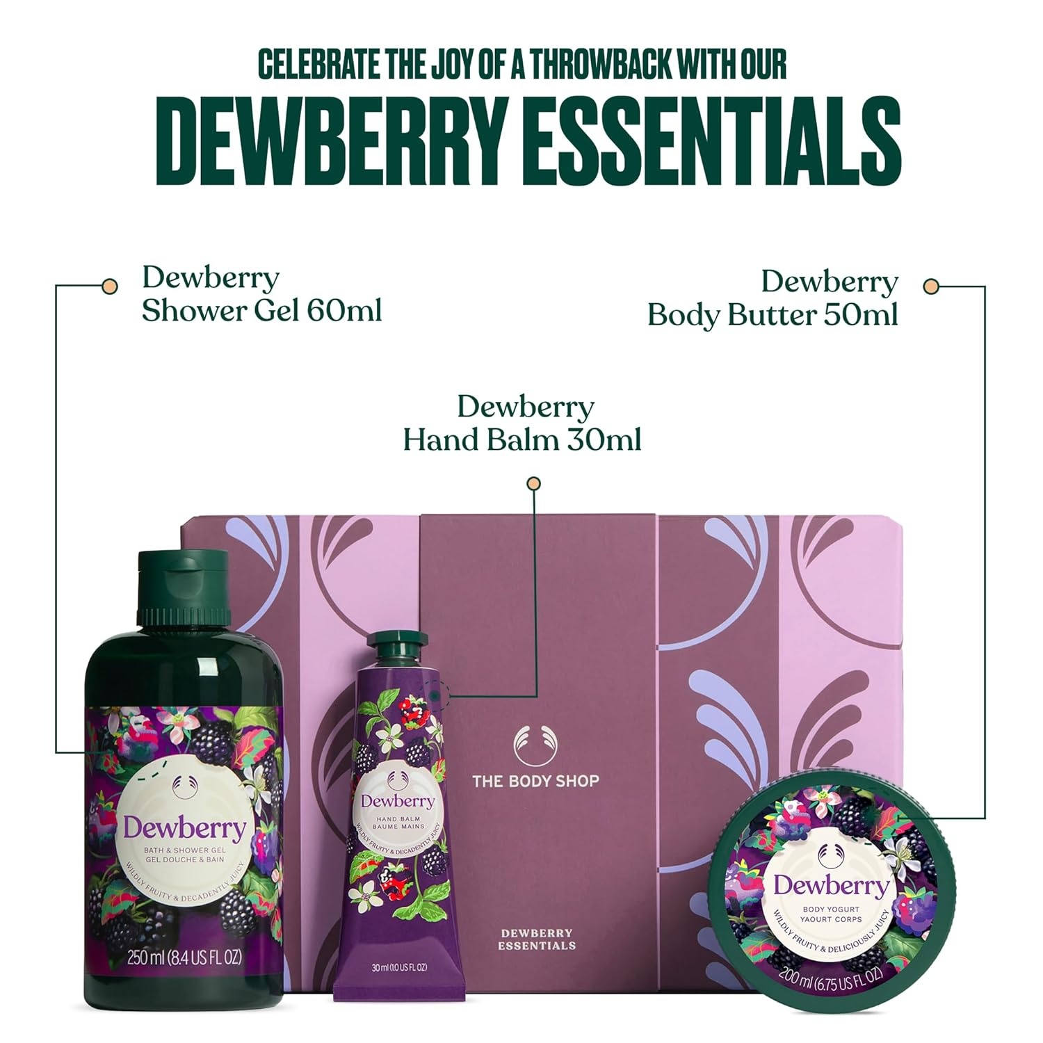 imageThe Body Shop Dewberry Essentials 3 Piece Set Shower Gel Hand Balm Body Yogurt Fruity amp Floral Scent