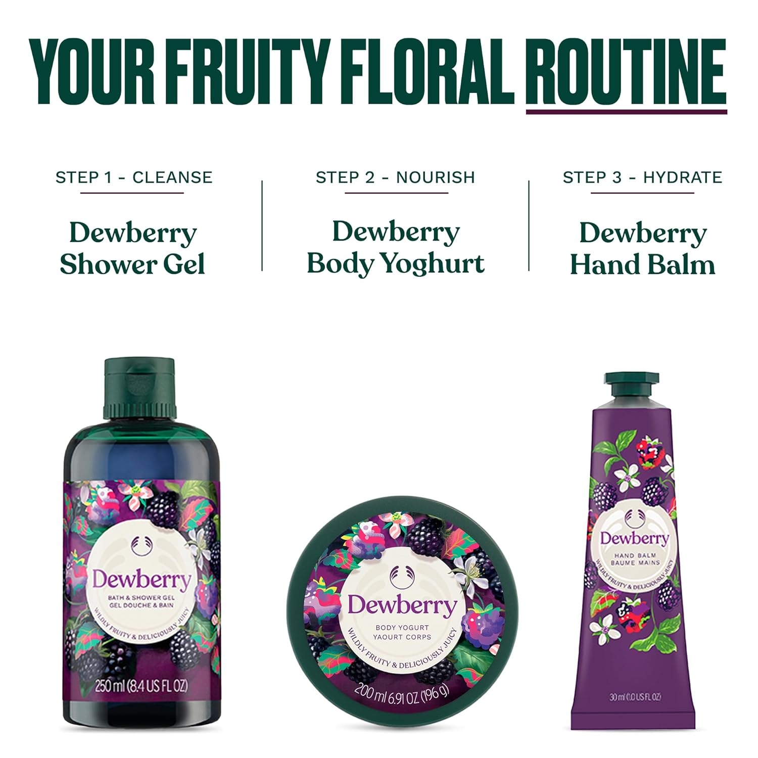 imageThe Body Shop Dewberry Essentials 3 Piece Set Shower Gel Hand Balm Body Yogurt Fruity amp Floral Scent
