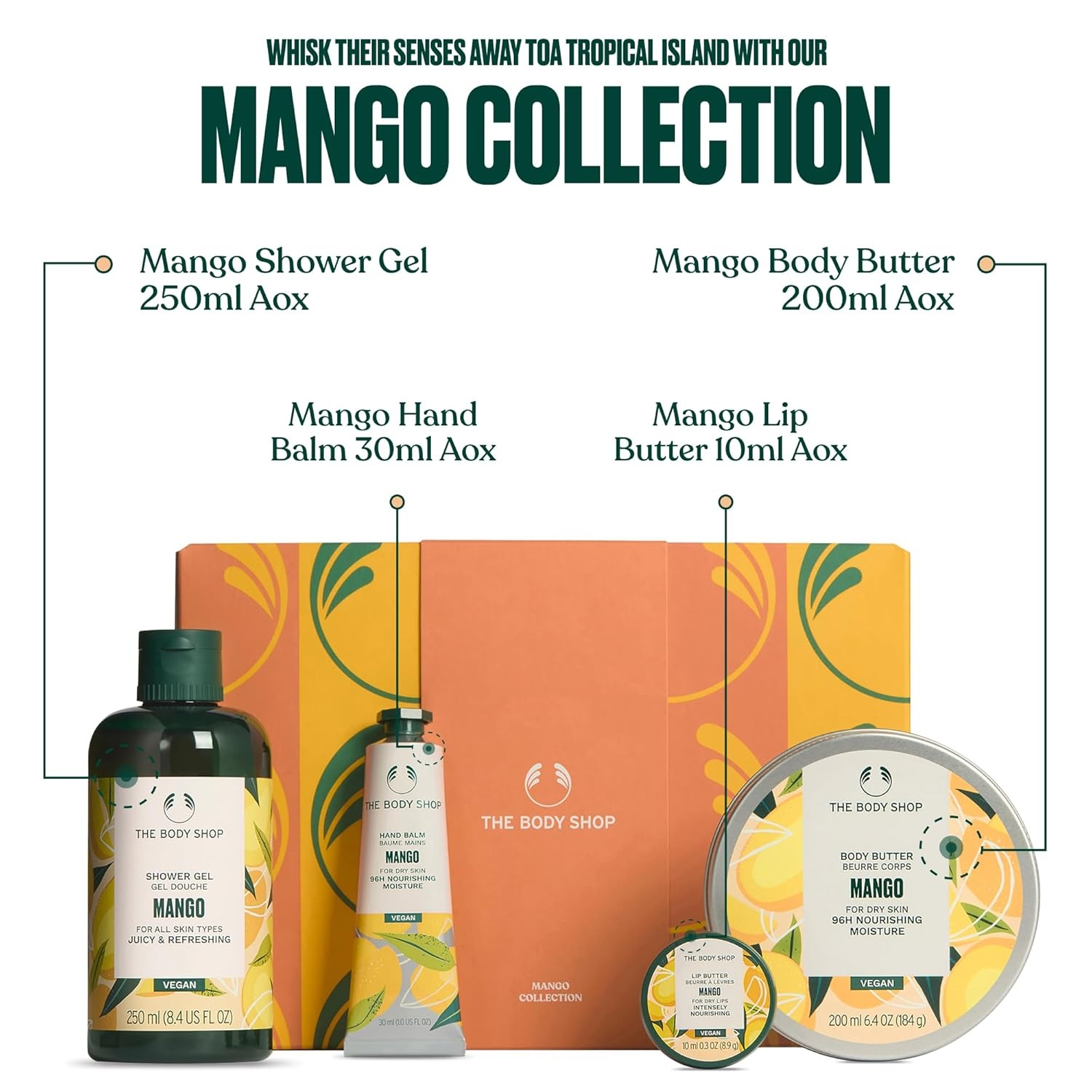 imageThe Body Shop Mango Collection 4 Piece Set Shower Gel Hand Balm Body Butter Lip Butter Fruity Scent for Normal amp Dry Skin Vegan