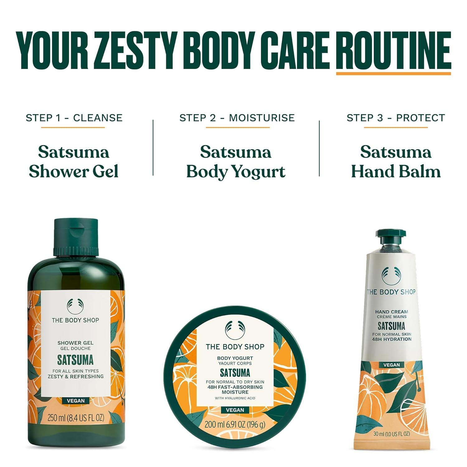 imageThe Body Shop Satsuma Essentials 3 Piece Set  Zesty Scented Shower Gel Hand Cream Body Yogurt  for All Skin Types