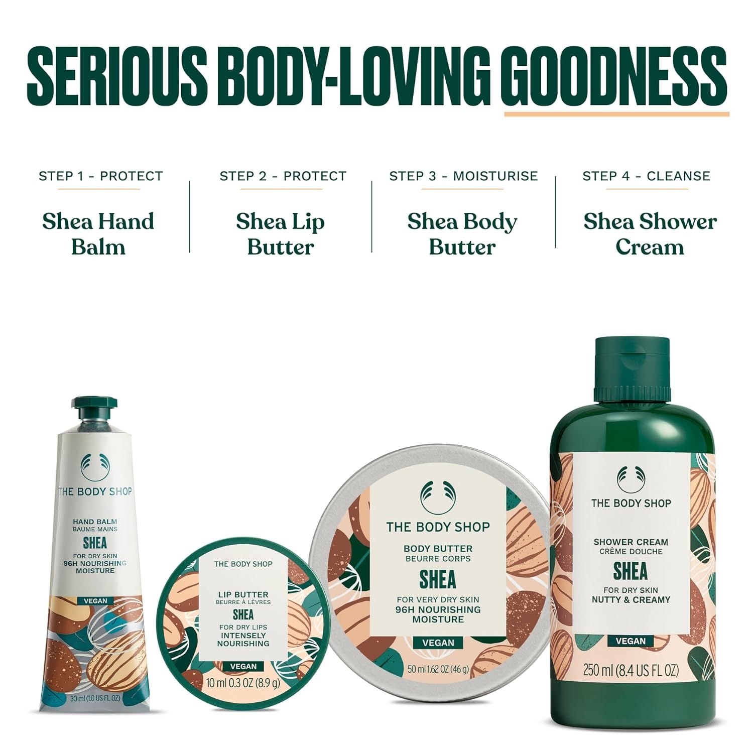 imageThe Body Shop Shea Essentials 4 Piece Set Shower Cream Hand Balm Lip Butter Body Butter for Dry Skin Vegan