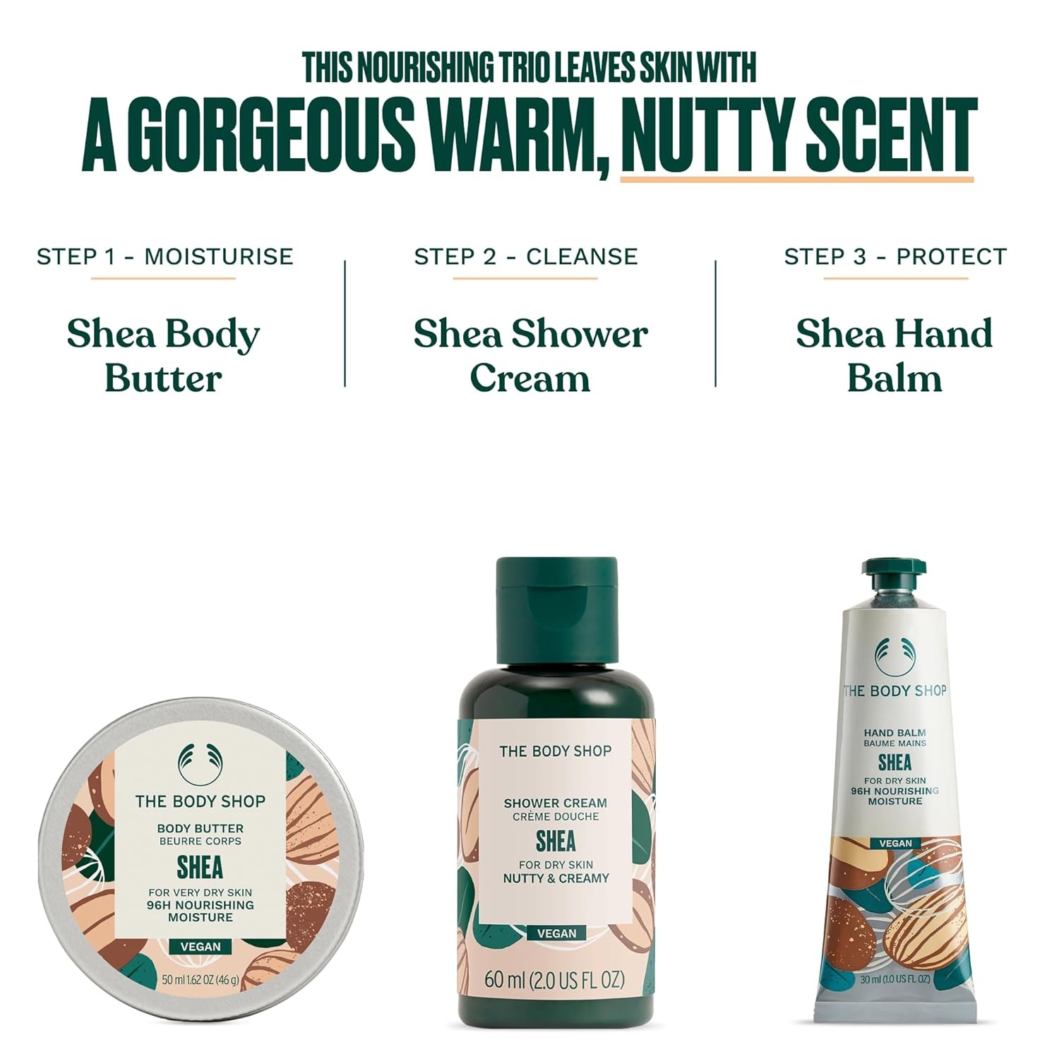 imageThe Body Shop Shea Mini 3 Piece Set Travel Size Shower Cream Hand Balm Body Butter Moisturizing for Dry Skin Vegan