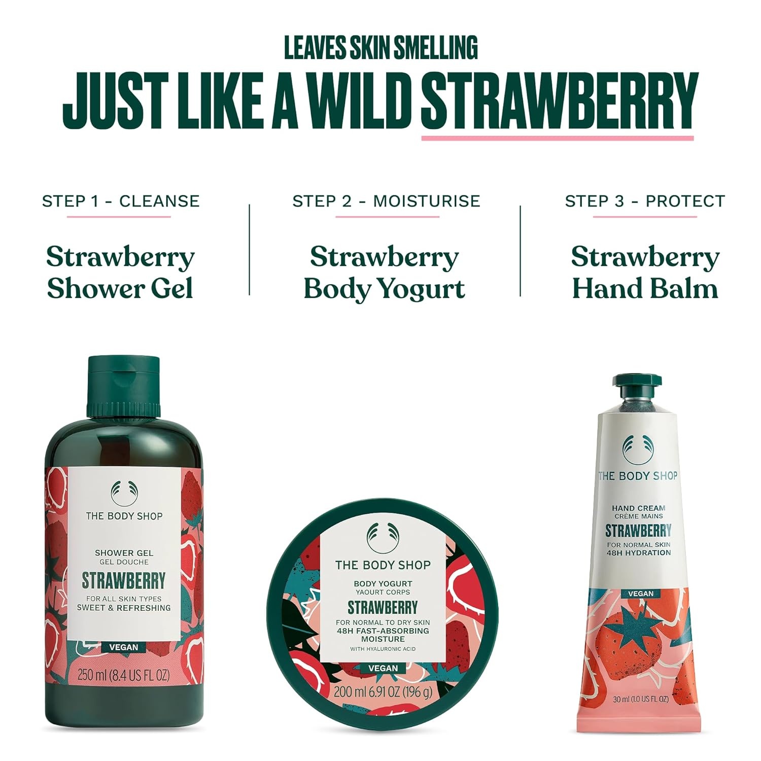 imageThe Body Shop Strawberry Shower Gel 250ml Body Yogurt 200ml Hand Cream 30ml Gift Set Body Wash Body Moisturiser amp Hand Balm for Women amp Men Cruelty Free amp Vegan Dermatologically Tested