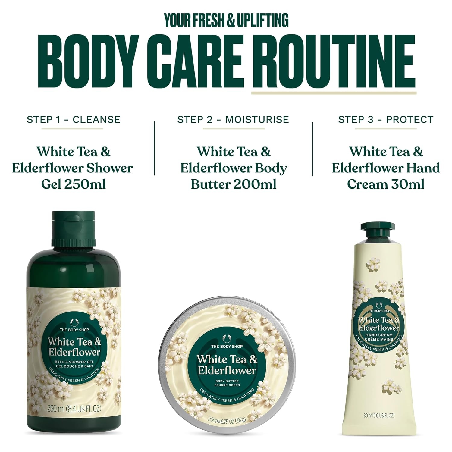 imageThe Body Shop White Tea amp Elderflower Essentials 3 Piece Set  Body Butter Hand Cream Shower Gel  Delicate Floral Scent for All Skin Types