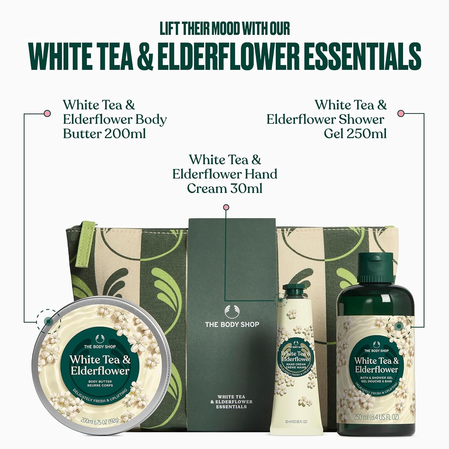 imageThe Body Shop White Tea amp Elderflower Essentials 3 Piece Set  Body Butter Hand Cream Shower Gel  Delicate Floral Scent for All Skin Types