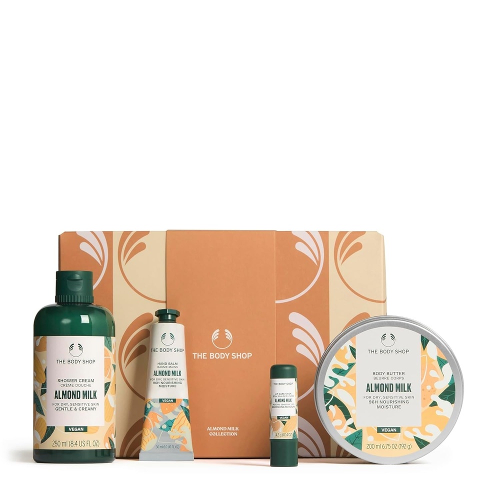 imageThe Body Shop Almond Milk Collection 4 Piece Set Shower Cream Hand Balm Lip Balm Body Butter for Dry Sensitive Skin Vegan