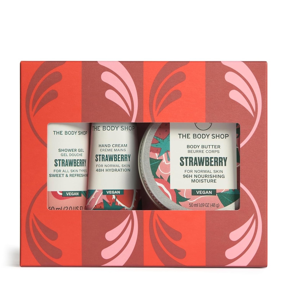 imageThe Body Shop Strawberry Mini 3 Piece Set Travel Size Shower Gel Hand Cream Body Butter Sweet Scent for All Skin Types Vegan